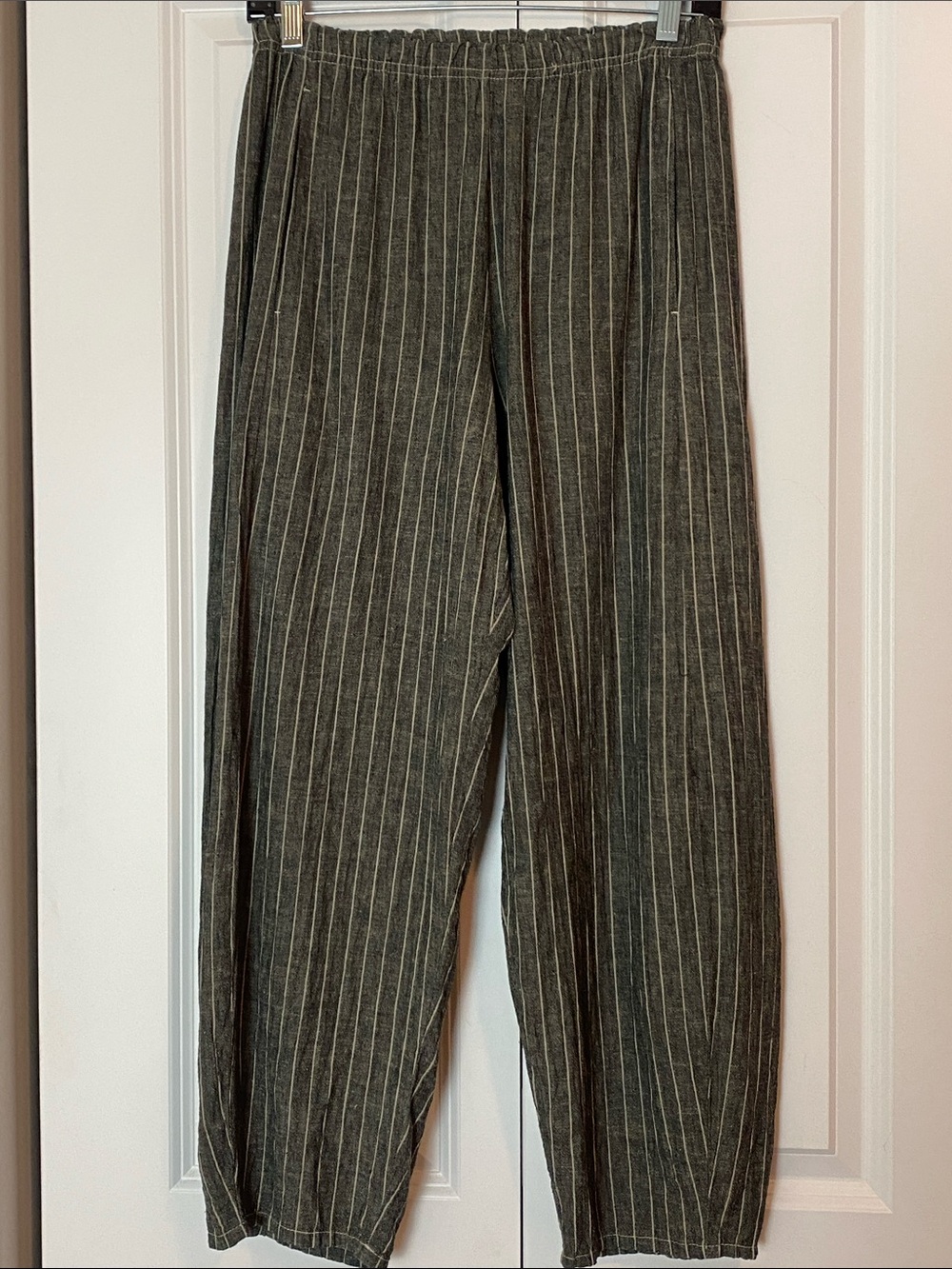 Lisa Bayne 100% Linen Gray Stripe Balloon Leg Pants Lagenlook Size XS